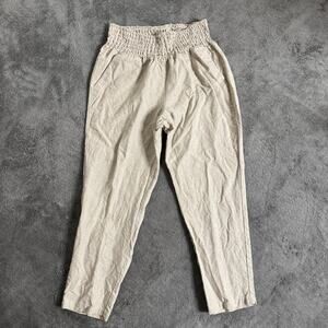 Emme Mama Transitional Maternity Pants Smocked Waist Beige 100% Linen Large USA